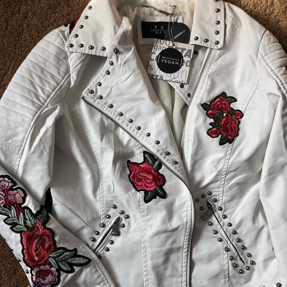 Large Vegan Leather Embroided White Jacket
